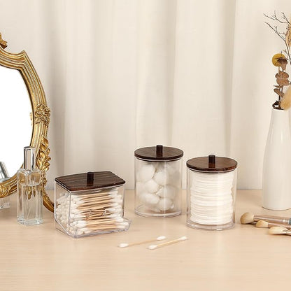 Hipiwe 3 Pack Acrylic Cotton Ball Holder Clear Qtip Holder Bathroom Canister Storage Box with Lid Apothecary Jars Makeup Organizer for Cotton Balls,Swabs,Pads,Brown