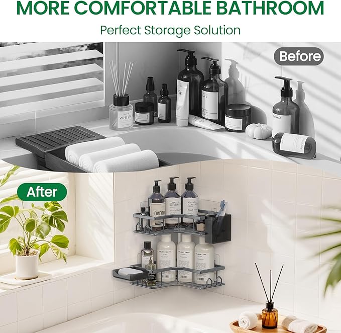 Adhesive Shower Caddy, 2 Pack Corner Bath Organizer, Rustproof Stainless Steel Shower Shelves with Large Capacity, No Drilling Shelves for Bathroom Storage, Home, Kitchen Decor (Dark Grey).