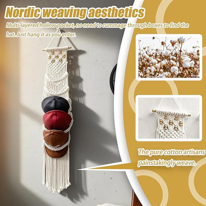 Baseball Hat Organizer,Hat Holder on Wall, Decorative Boho Macrame Hat Rack for Wall to Display Your Baseball Caps Collection