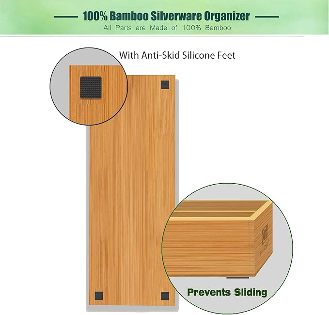 guiogc Bamboo Silverware Drawer Organizer, Kitchen Small Silverware Organizer, Utensil Tray Holder, Cutlery Tray for Spoons, Forks, Knives, Suitable for a family of 2-4