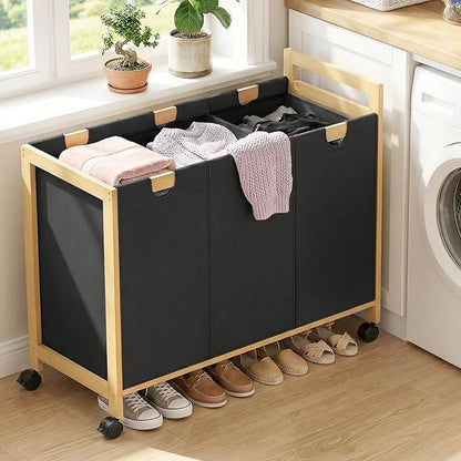 Homykic 250L Laundry Sorter Cart with Wheels, 3-Section Rolling Laundry Basket with Removable Bags, 66 Gal Large Laundry Hamper Organizer, Heavy Duty Bamboo Frame, Water-Resistant, Black