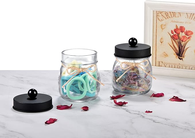 SheeChung 4 Pack Apothecary Jars with Lids, Bathroom Organizers and Storage, Qtip Holders Set, Bathroom Decor, Small Mason Jars for Q-tips, Cottons, Floss, Balls, Cotton Swabs-Black