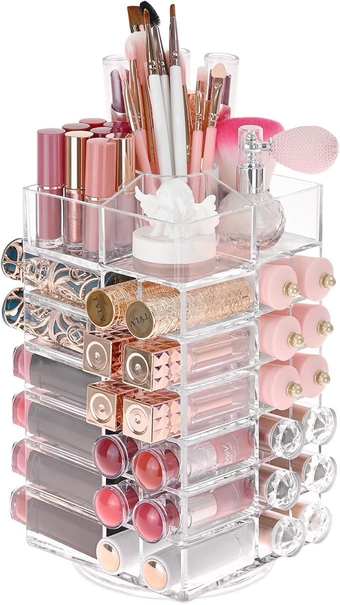 Ikee Design Lipstick Organizer with 53 Slots 360 Degree Rotating Spinning Acrylic Lip Gloss Organizer for Makeup, Lipsticks, Brushes, Cosmetic Storage Display, Bathroom, Vanity, Countertop