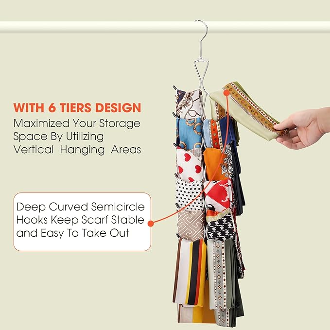 Scarf Hanger 12 Storages,Scarf Organizer with 360 Swivel Hook,Legging Organizer for Closet,Closet Organizer for Scarves, Shawl,Belt,Purse & Baseball Cap