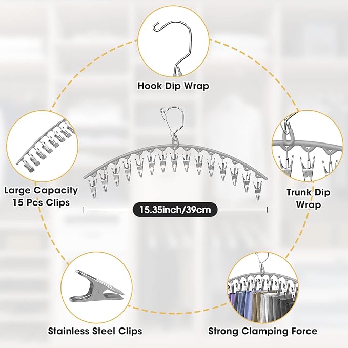Upgrade Skirt Pants Hangers with Clips, Metal Legging Organizer for Closet with 15 Cilps Holds 60 Leggings/Shorts/Jeans/Skirts Pants Hangers Space Saving Closet Organizers and Storage, Grey 4Pack