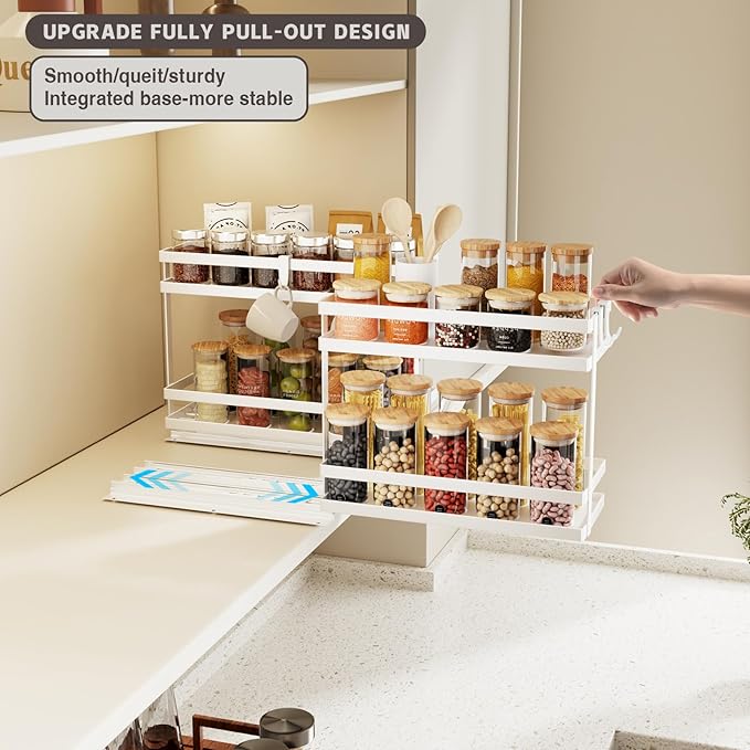 Magheo Pull Out Spice Rack Organizer for Cabinet, 2 Pack Metal Seasoning Organizer Slide Out Spice Storage Shelf No Assembly Vertical Spice Rack Pullout for Kitchen & Bahthroom No Drill(2 Tier,White)