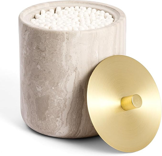 Marble Qtip Holder with Brass Lid for Cotton Swabs,Balls,Pads,Floss Picks Large Capacity Marble Apothecary Jar for Bathroom Essentials Decor, Vanity Makeup Storage Organizer Grey (WH079)