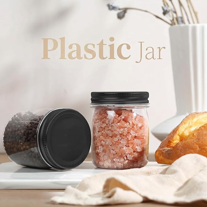 novelinks 8 oz Clear Plastic Jars with Airtight Lids, 16 Pack Plastic Mason Jars with Lids 8oz, Refillable Storage Slime Containers & Small Spice Jar for Kitchen Organization (16 Pack,Black)