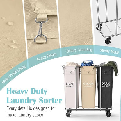 PLKOW Laundry Sorter 3 Section, 220L Large Laundry Cart with Wheels 3 Hamper Laundry Sorter with Steel Frame and Removable Bag, Rolling Laundry Cart for Home, Laundry Room, Hotel, 6 Bushel