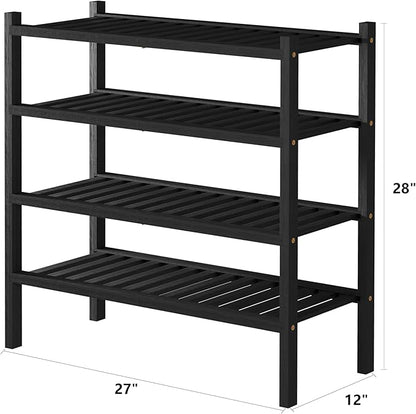 ROMGUAR CRAFT 4 Tier (Thick) Bamboo Shoe Rack for Closet Free Standing Wood Shoe Shelf for Entryway Small Space Stackable 27"x12"x28" (Blackl)