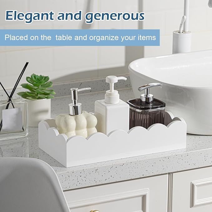 AceOrbit Toilet Paper Basket Storage Scalloped Wooden Toilet Tank Tray Topper Farmhouse White Bathroom Storage Organizer for Bedroom Vanity Kitchen Countertop Dresser Shelf Table Home Decor