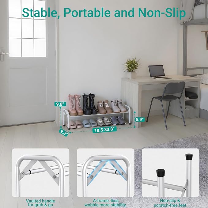 YEASHEIN 1-Tier Expandable Shoe Rack for Closet Floor, Λ-Frame Metal Small Shoe Rack for Entryway, Adjustable Shoe Shelf Organizer, Free Standing Shoe Racks for Front Door Entrance, Garage - White