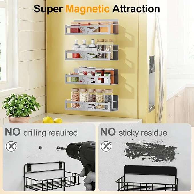 Magnetic Spice Rack for Refrigerator, 4 Pack Metal Magnetic Shelf Organizer for Fridge Side, Strong Spice Storage Rack for Kitchen, Gray