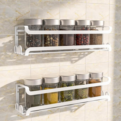 LUCYCAZ 2 Pack Wall Mounted Spice Rack with 8 Hooks, Spice Organizer Shelf for Stove Cabinet Pantry Door,Screw or Adhesive Spice Shelf Hanging Wall Spice Rack in Kitchen and RV (White, 2 PACK)