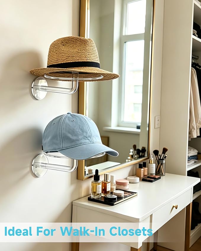 BestYiJo Acrylic Hat Stand Wall Mount, Clear Hat Display Holder Rack for Baseball Caps Wigs, Space Saving Hat Organizer for Bedroom Store Closet