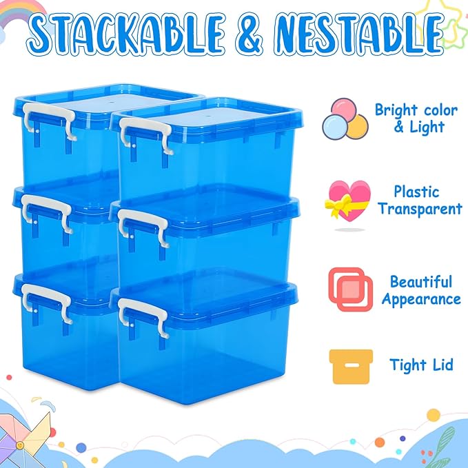 6 Pack 4 Quart Colorful Plastic Storage Bins with Lids Stackable Storage Bins with Latching Lids Handle Clear Colored Storage Organizer Bins for Home Office Pantry Containers(Blue)