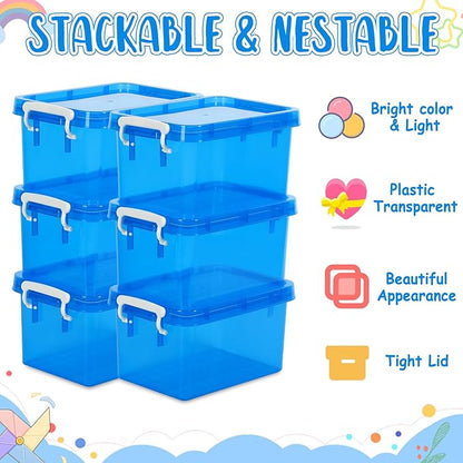 6 Pack 4 Quart Colorful Plastic Storage Bins with Lids Stackable Storage Bins with Latching Lids Handle Clear Colored Storage Organizer Bins for Home Office Pantry Containers(Blue)