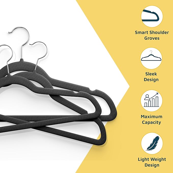 Lifemaster Velvet Clothes Hangers – With 360 Degree Swivel Hook and Non-Slip Shoulder Notch, Holds Up To 10 lbs, Heavy Duty Hanger Set, For Organizing Suit, Dress, Coat, and Clothes, Pack of 10, Black