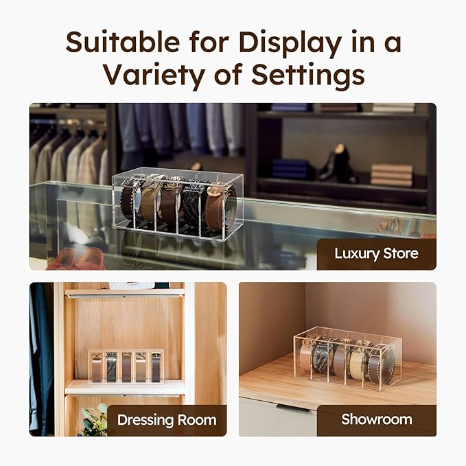 FEMELI Belt Organizer, Acrylic Belt Storage for Closet with Lid, 5 Compartments Belt Container Display Holder for Drawer, Tie Case for Women Men Home