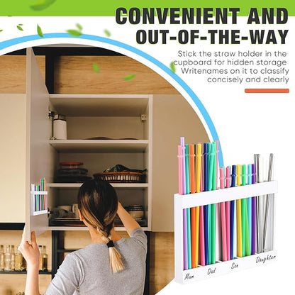 Qinyoung Wooden Straw Holder for Cabinet Door with Double Sided Adhesive Tape Tumbler Straw Organizer for Cupboard Reusable Tumbler Storage Container for Kitchen Counter(White)