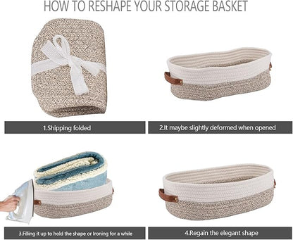 2 Pack Woven Storage Basket for Toilet Tank Top,Farmhouse Home Decor Organizing Basket for Bathroom,Table and Counter 13"x5.9"x4" Apricot Stitching White