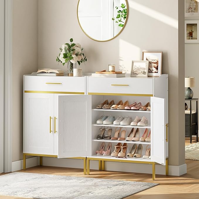 HOOBRO Shoe Storage Cabinet, 5-Tier Shoe Cabinet with Drawers, 36.6'' Tall Large Shoes Rack Organizer with Adjustable Shelves, Freestanding Wooden Shoes Cabinet Storage for Entryway, White DW14SC01
