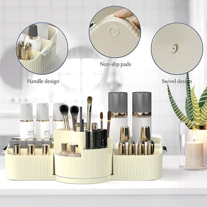 Rotating Makeup Organizer Cosmetic Display Case, Used for Vanity Makeup Brushes, Lipstick, Perfume and Various Skin Care Products - Spacious and Fashionable Storage Solution (Creamy White)