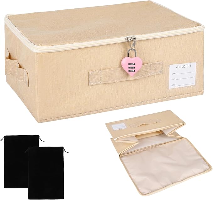 Discreet Toy Storage Box with Lock Toy Bag Fabric lockable storage bin with Handles, foldable, with Zipper lid/handle/label,locking Storage Box for Women and Men (1, pink lock, small)