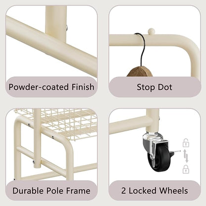 Rolling Laundry Cart with Wheels, Laundry Hamper Basket Organizer with Clothes Hanging Rack, Wire Storage Cloth Shelf Butler, Cream
