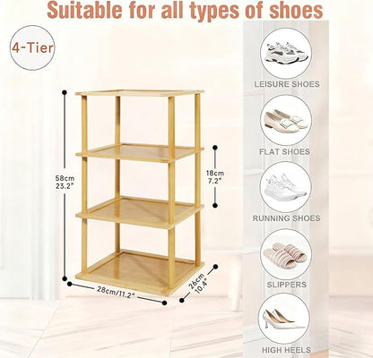 Aniston 4 Tier Small Shoe Rack Bamboo, Free Standing Slim Narrow Shoe Storage, Vertical Tall Shoe Shelf Organiser for Garage, Closet, Doorway, Corner, Living Room Small Spaces