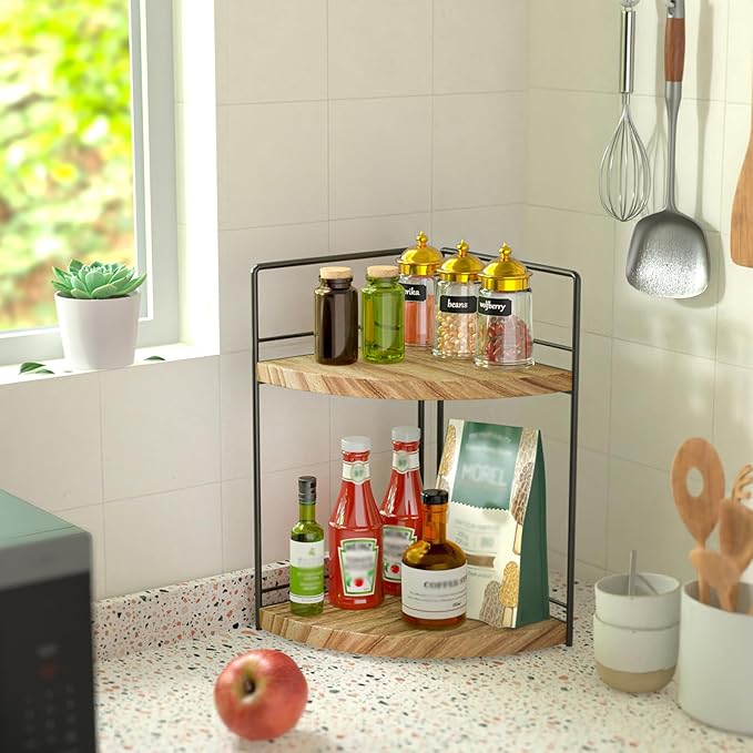 2 Tier Bathroom Counter Organizer,Bathroom Countertop Organizer, Wood Vanity Organizer Corner Shelf,Makeup Tray for Perfume Skincare Bedroom Kitchen Corner (2 Tier,Yellow)
