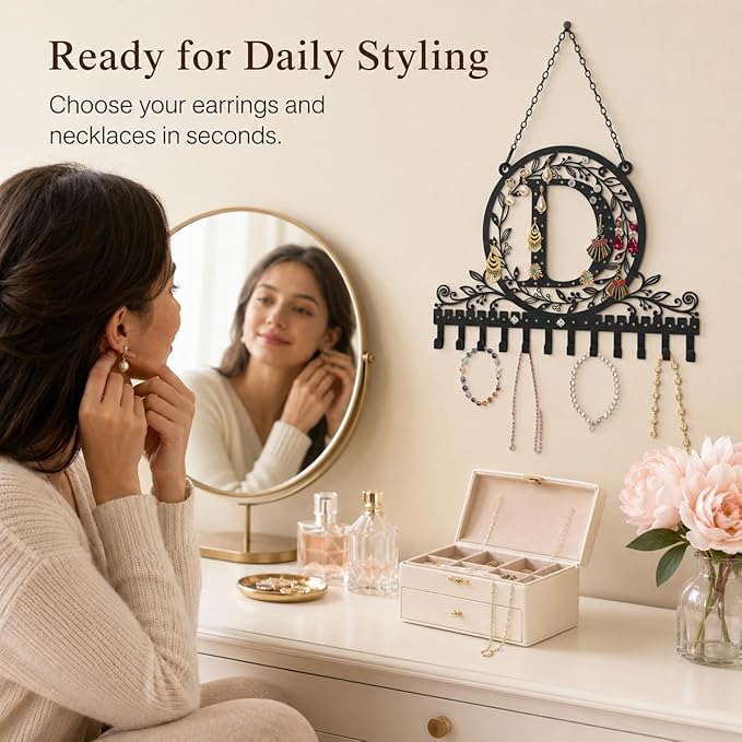 Wall-Mounted Metal Earring Holder Hanging Jewelry Organizer for Earrings and Necklaces Space-Saving Wall Display with Hooks for Jewelry Storage (jewelry stand D)