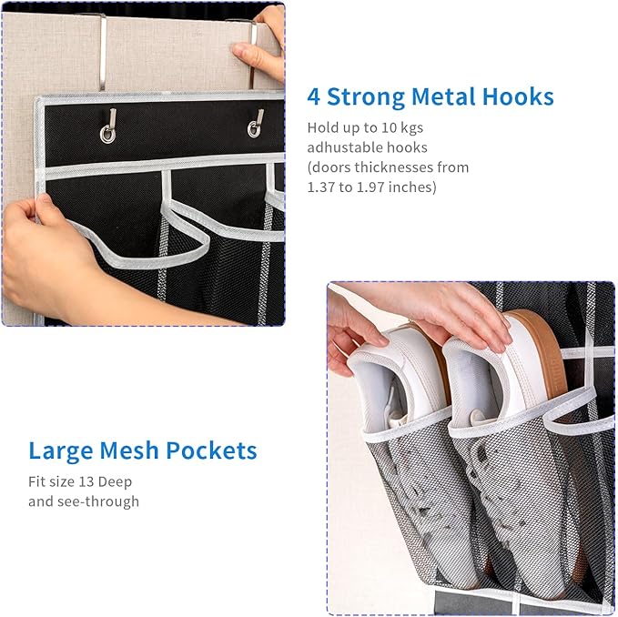 SAVERHO 35 Pockets Over the Door Shoe Organizer, Hanging Shoe Organizer for Door with 35 Mesh Pockets Large Capacity Shoe Hanging Storage Bag with 4 Metal Hooks (Black-1Pack)