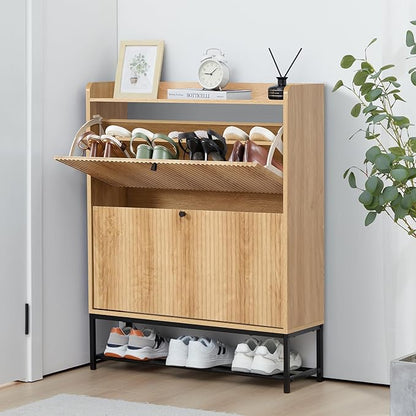 RARZOE Fluted Shoe Cabinet for Entryway with 2 Flip Drawers, Narrow Wood Shoe Cabinet with Fluted Panel, Slim Hidden Shoe Organizer Closed Shoe Rack with Metal Legs for Foyer,Hallway(31.5''Natural)