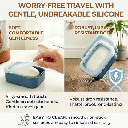 AIMAIAIMAI Compact Leakproof Silicone Travel Soap Case, Portable Soap Container with Drainage Layer - 2026 Travel Essentials for Camping, Gym & Shower (Blue)