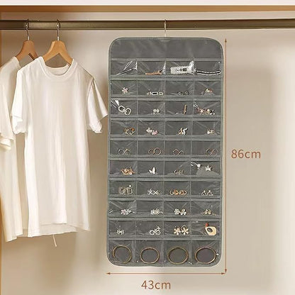 2 Pack Dual-Sided Hanging Jewelry Organizer with 128 Pockets & 8 Necklace Hooks, Wall Closet Door Jewelry Holder for Earrings, Bracelets, Necklaces Display Storage