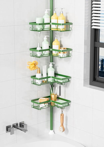 KEGII Shower Caddy Tension Pole, 4-Tier Rustproof Adjustable Corner Bathroom Organizer for Renters, 25–114.2 Inch No Drill Space-Saving Shower Storage Rack, Emerald Green