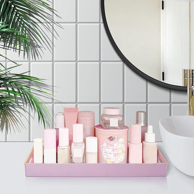 MAONAME Pink Vanity Tray Set of 2, Plastic Decorative Tray with Handles, Long Narrow Trays, Small Bathroom Trays for Toilet Tank, 13.8" X 6" X 1.57"