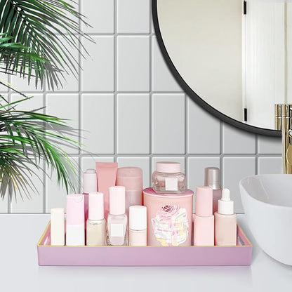 MAONAME Pink Vanity Tray, Bathroom Counter Tray, Decorative Trays with Handles, Storage Dresser Trays Organizer for Perfume, Jewelry, Makeup, 13.8" x 6" x 1.57"