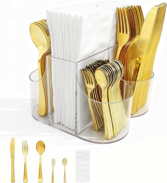 Cutlery Holder for Party - 5 Compartment Cutlery Organizer & Napkin Holder Silverware Caddy Clear with 120 Pcs Gold Plastic Spoons Disposable Forks Knives & Dinner Napkins for Party