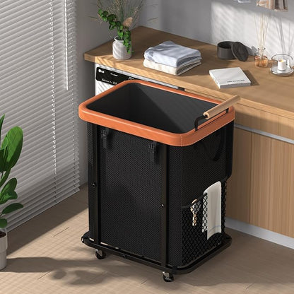 40 Gal (150L) Laundry Hamper with Lid, Leather Patchwork Laundry Basket with Rolling Lockable Wheels and Handle, Laundry Basket Organizer for Laundry Room, Bedroom and Bathroom,Laundry Room - Black