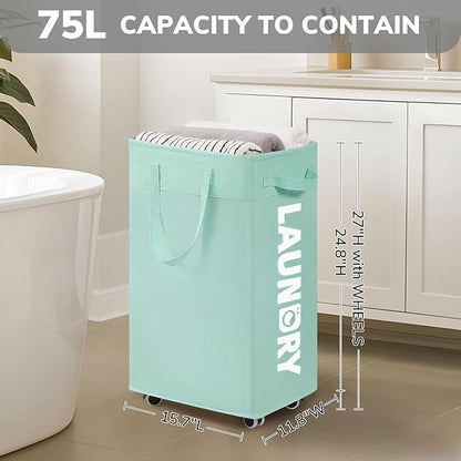 Goodpick Rolling Laundry Basket with Wheels 2-Pack, 75L Large Collapsible Laundry Hamper with Removable Wash Bag Space for living room, Blue