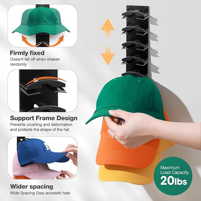 HINIHAO 2 Pack Hat Organizer for Baseball Caps, Hat Rack for Wall with Strong Adhesive, Wall Mounted Hat Hooks Hold up to 16 Hats for Closet Door and Bedroom (Black)