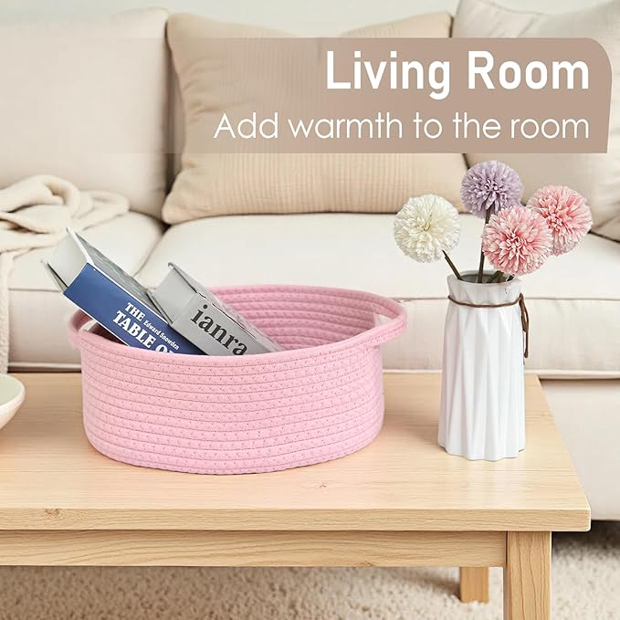 JMvicyroam Woven Basket,Small Rope Storage Bin with Handles & Ribbon Bag, Organizer for Shelves Closets,Gift Basket Empty for Birthday,Books,Dog Toys, Pink