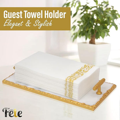 Guest Towel Holder Tray for Bathroom - Premium Marble Tray with Gold Rim - Bathroom Hand Towel Tray, The Perfect Vanity Tray for Bathroom. Ideal Valentines Day Gift.