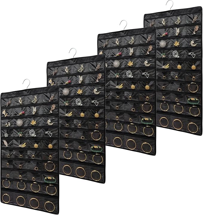 80 Pocket Hanging Jewelry Organizer with Hanger Metal Hooks Storage On Wall Door Closet Double-Sided(Each Side 40 Pockets) Jewelry Holder for Earrings, Necklaces, Rings (4 PACK BLACK)