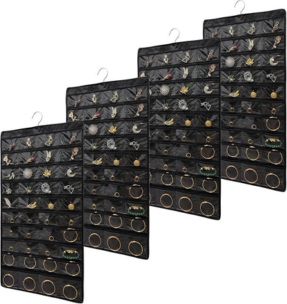 80 Pocket Hanging Jewelry Organizer with Hanger Metal Hooks Storage On Wall Door Closet Double-Sided(Each Side 40 Pockets) Jewelry Holder for Earrings, Necklaces, Rings (4 PACK BLACK)