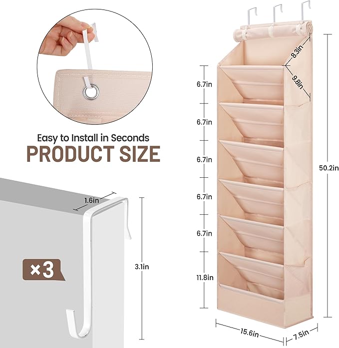 7 Tier Over The Door Shoe Organizer, Hanging Shoe Rack for Closet with Dustproof Mesh Curtain & 6 Side Pockets, Behind The Door Narrow Shoe Holder Hanger for Sneakers, Boots (Beige)
