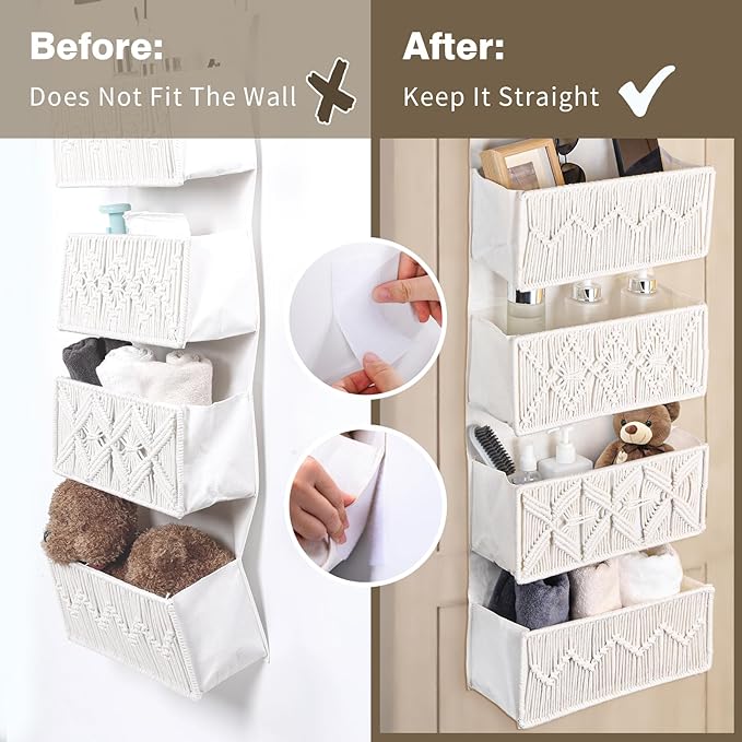 janebeauties Over the Door Organizer Macrame Boho Nursery Storage with 4 Large Woven Pockets, Hanging Basket for Bathroom, Nursery & Closet Doors, Behind the Door Storage Organizer, Cream White