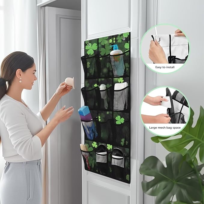 Multi-Functional Over the Door Organizer with 12 Mesh Pockets, Storage Hanging Bag Behind the Door for Shoes Accessories Cleaning Supplies for Home Office Use, Lucky Leaf